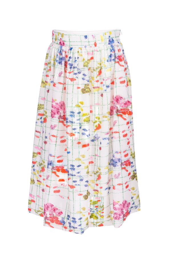 Multicolor Garden Print Sequin Midi Skirt