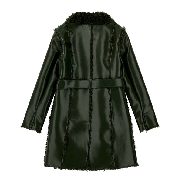 Green Faux Leather Belted Dressy Coat