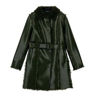 Green Faux Leather Belted Dressy Coat