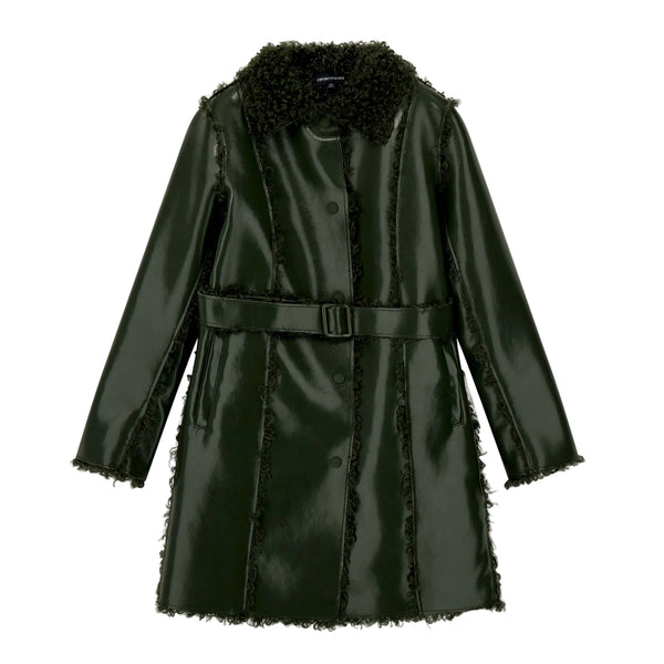 Green Faux Leather Belted Dressy Coat