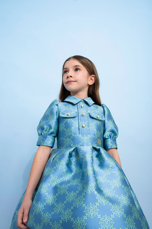 Baby Light Blue and Green Jacquard Dress