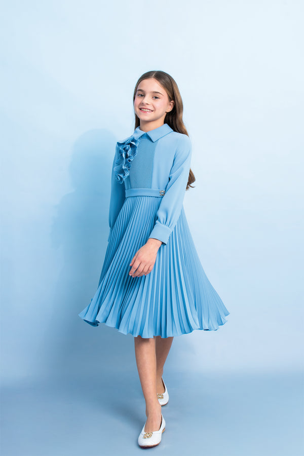 Light Blue Crepe Plisse Long Length Dress