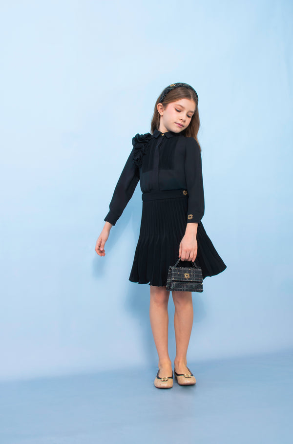 Black Crepe Plisse Long Length Skirt