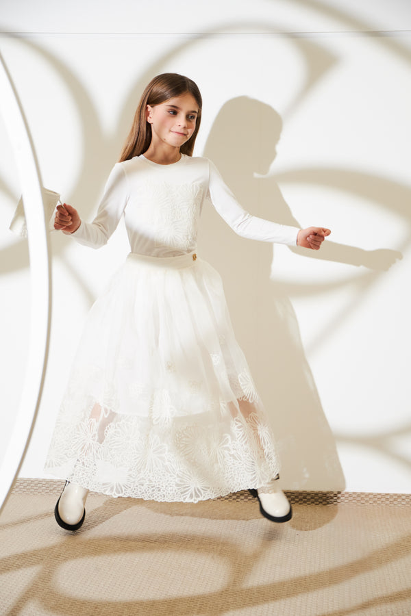 Cream Embroidered Organza Skirt