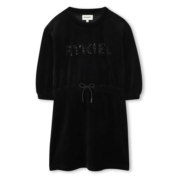 Black Velour Logo 3/4 Sleeve Dress