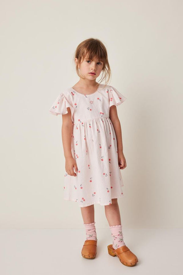 Pale Prink Ruffle Sleeve Cherry Print Dress