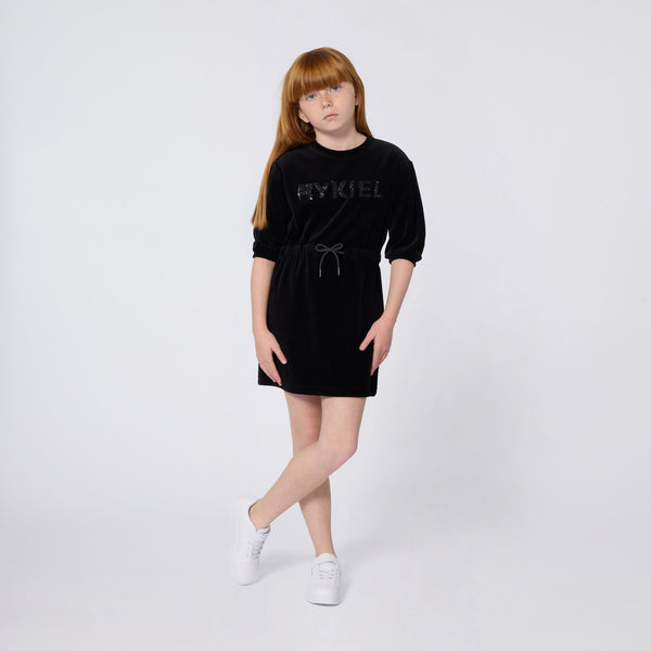 Black Velour Logo 3/4 Sleeve Dress