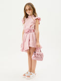 Pink Metallic Ruffle Trim Belted Dress