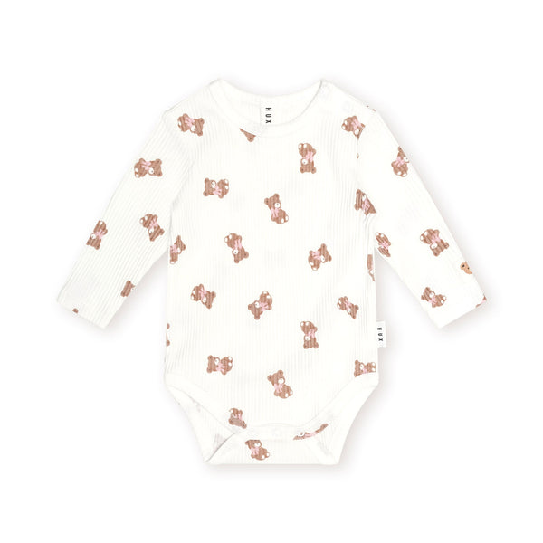 White Tumbling Bow Huxette Long Sleeves Onesie