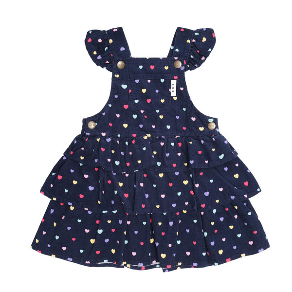 Navy Heart Tiered Cord Pinafore Dress