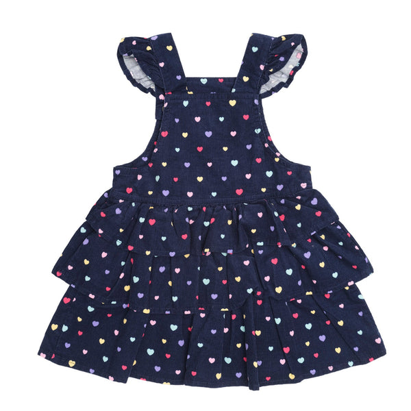 Navy Heart Tiered Cord Pinafore Dress