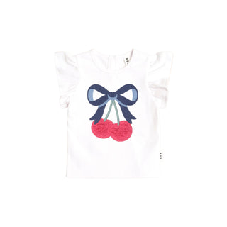 White Cherry Bow Frill Sleeve Tee