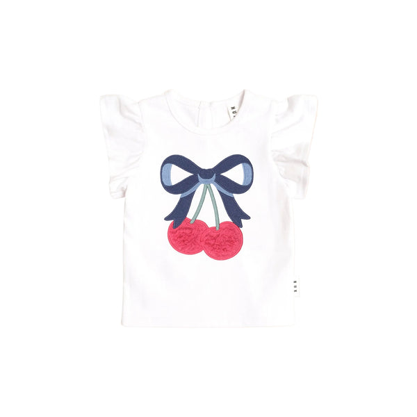 White Cherry Bow Frill Sleeve Tee