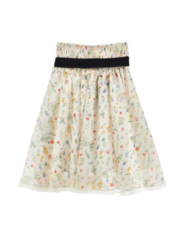Off White Floral Belted Midi Skirt