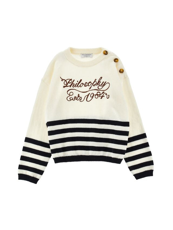 Cream and Black Striped Logo Sweater