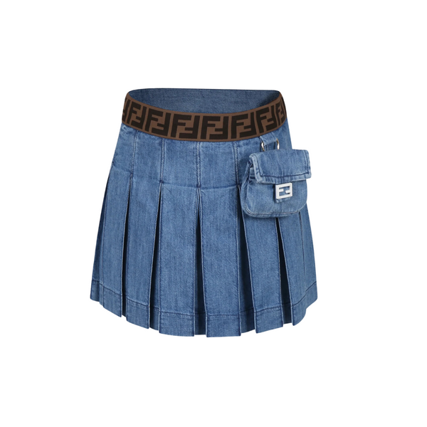 Blue Denim Pleated Pouch Mini Skirt