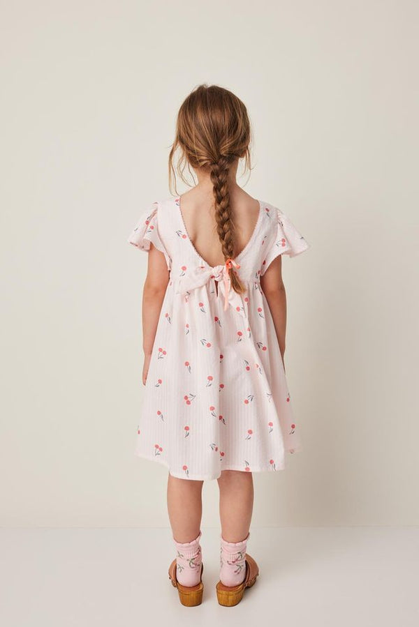 Pale Prink Ruffle Sleeve Cherry Print Dress