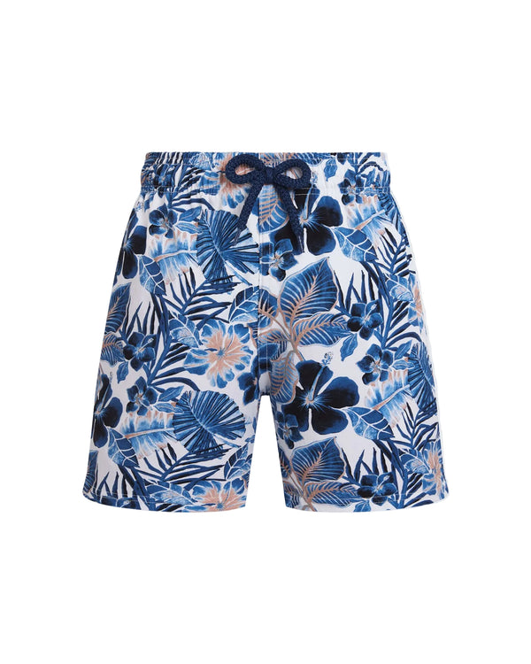 White with Blue Island Flowers Swim Trunk
