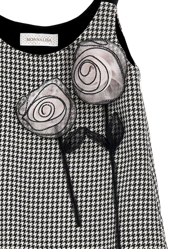 Cream and Black Herringbone 3D Flower Jumper Dress