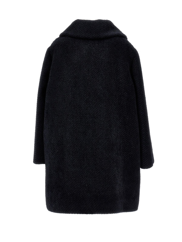 Black Textured Wool Rosette Coat
