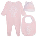 Veiled Pink Velour Footie + Hat + Bib Set