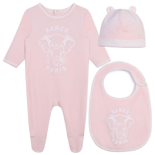 Veiled Pink Velour Footie + Hat + Bib Set