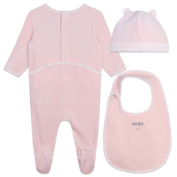 Veiled Pink Velour Footie + Hat + Bib Set