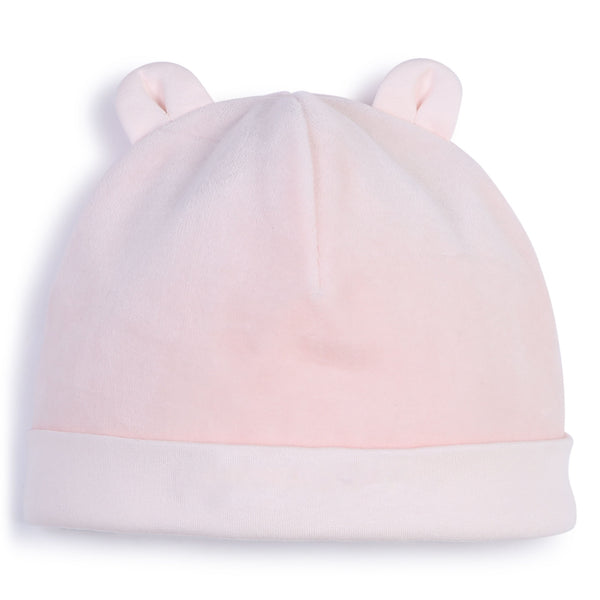 Veiled Pink Velour Footie + Hat + Bib Set