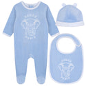 Pale Blue Velour Footie + Hat + Bib Set