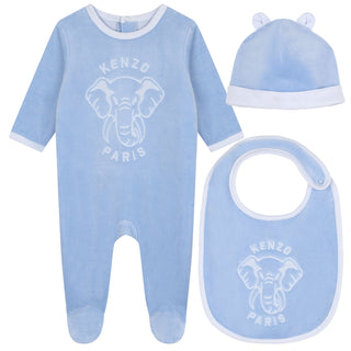 Pale Blue Velour Footie + Hat + Bib Set