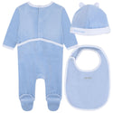 Pale Blue Velour Footie + Hat + Bib Set