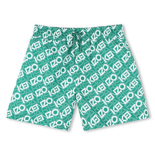 Dark Green Printed Logo Swim Trunks