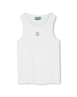 White Ribbed Flower Logo Tank Top