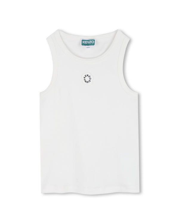 White Ribbed Flower Logo Tank Top