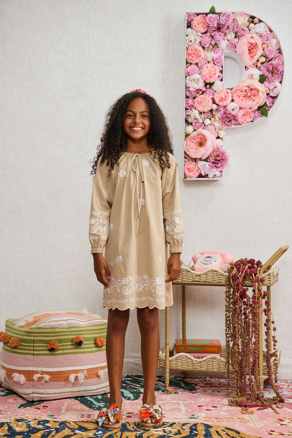 Tan Embroidered White Floral Dress