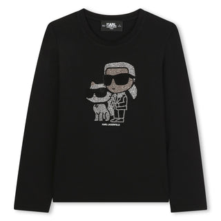 Black Rhinestone Karl and Choupette Long Sleeve Tee