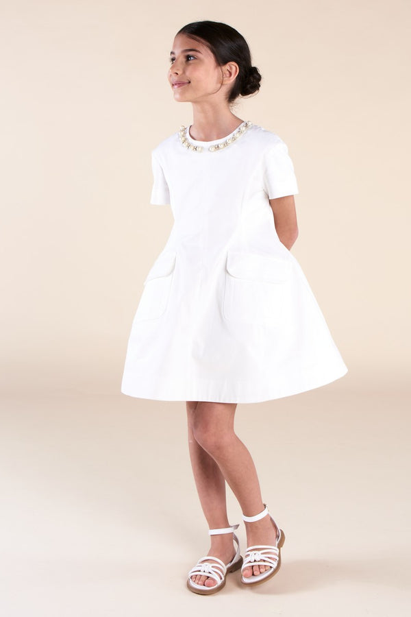 White Poplin Dress with Rhinestone Neckline
