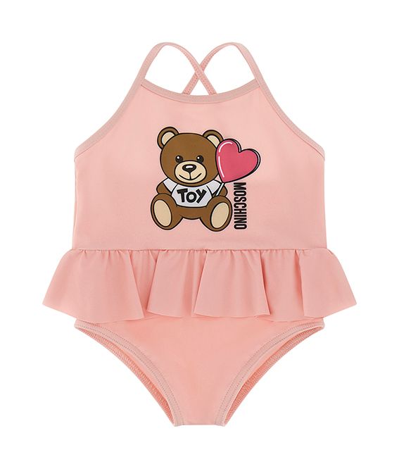 Pink Baby Ruffled Bear Heart Print Swimsuit