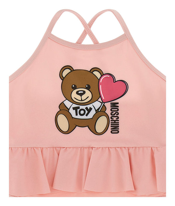 Pink Baby Ruffled Bear Heart Print Swimsuit