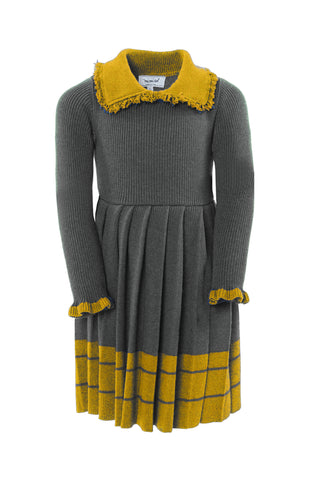 Grey and Yellow Wool Knit Collared Long Length Dress