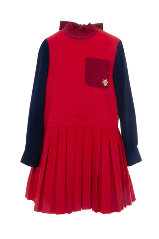 Red and Blue Pleated Twill Dress