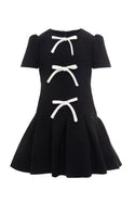 Black with White Bows Pleated Crepe Long Length Dress