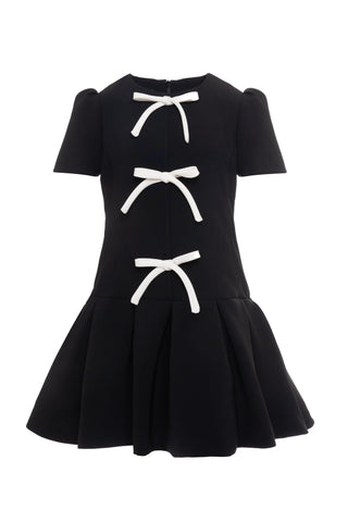 Black with White Bows Pleated Crepe Long Length Dress