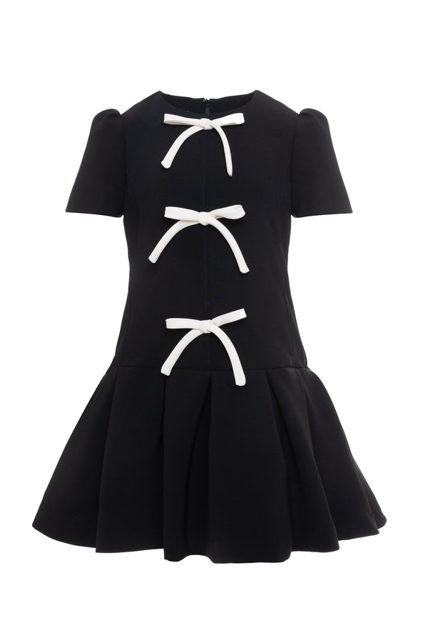 Black with White Bows Pleated Crepe Long Length Dress