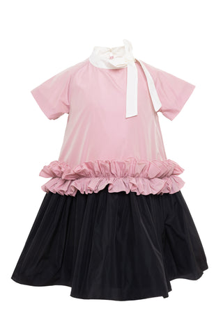 Pink and Black Ruffled Taffeta Long Length Dress