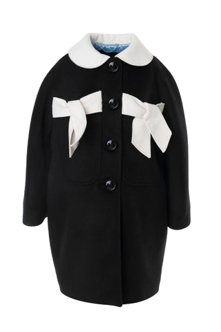 Black and White Bow Embellished Wool Coat