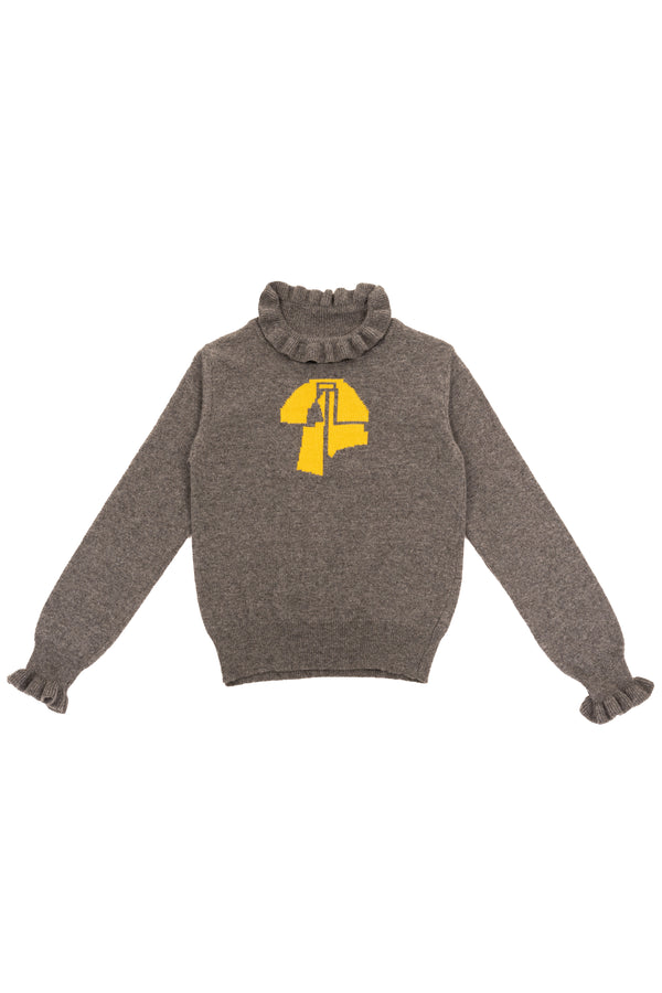 Grey and Yellow Wool Knitted Bow Turtleneck