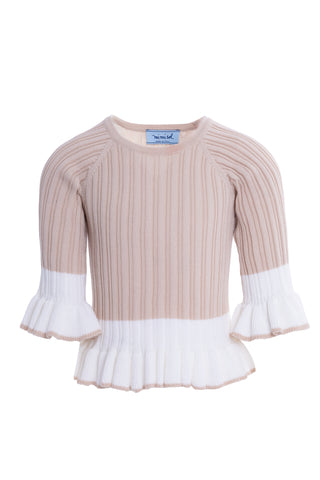 Beige and White Ruffled Knit Top