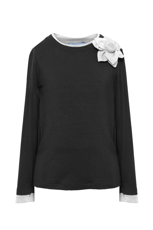 Black with White Flower Embellished Top