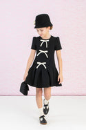 Black with White Bows Pleated Crepe Dress